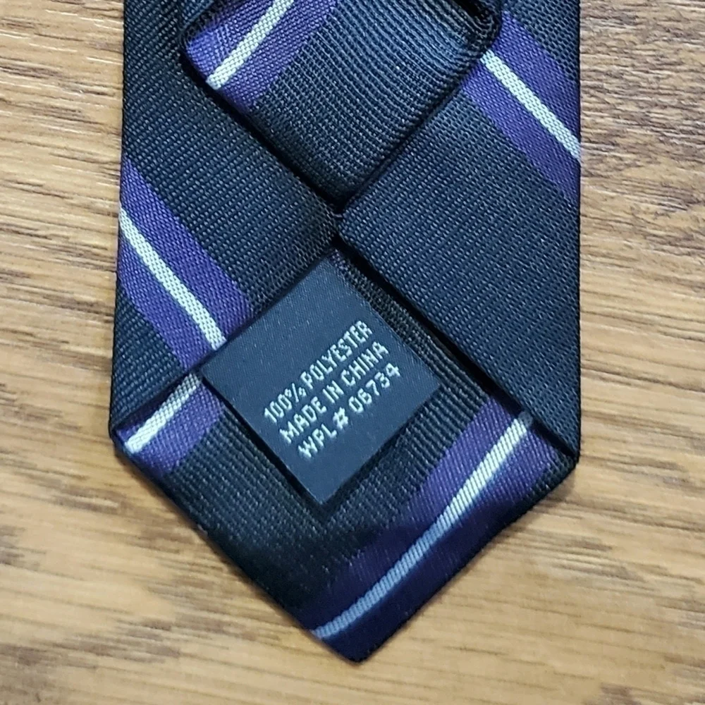 CLIP On Striped Necktie Tie Black Purple Silver Striped Young Boys